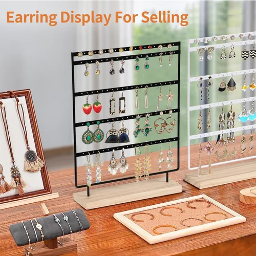 Miniatura 4 de Soporte organizador de aretes con 100 agujeros, 5 niveles, organizador de joyas, estante de base de madera, almacenamiento de aretes para niñas