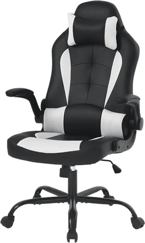 Ruesleag Silla ergonómica para juegos de PC, silla de oficina con soporte lumbar, reposabrazos abatibles, reposacabezas de piel sintética, silla de