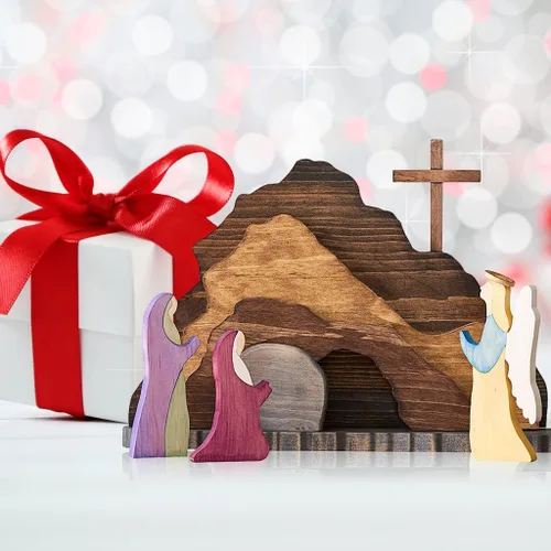 Miniatura 5 de IoF Adorno de escena de resurrección de Pascua, decoración de Pascua religiosa de madera, figuras de tumba vacía cristiana de madera, juego