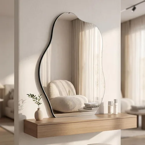 Miniatura 2 de HARRITPURE Espejo de baño irregular de 22 x 32 pulgadas, espejo de pared moderno negro con marco de madera, espejos decorativos asimétricos
