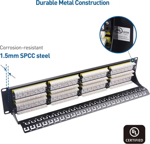 Miniatura 5 de Cable Matters - Panel de conexión de 48 puertos para montaje en rack o montaje en pared de 19 pulgadas con barra de soporte, panel de conexión