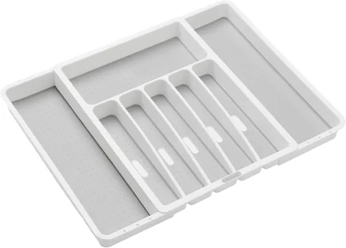 madesmart Silverware - Bandeja expandible blanca, colección clásica, 8 compartimentos, iconos para ayudar a ordenar cubiertos, cubiertos y