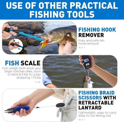 Miniatura 5 de RoundFunny Kit de herramientas de pesca de 10 piezas, alicates de pesca con cordón y fundas protectoras, salabre, cuchillo de filete, balanza