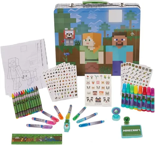 Innovative Designs Minecraft - Juego de actividades de lujo para niños con lata de transporte, hojas para colorear, tatuajes, calcomanías y