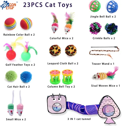 Miniatura 5 de GONPET - Juego para gatos de interior: 23 piezas de juguetes para gatitos, incluye túnel plegable para mascotas, varita interactiva para gatos