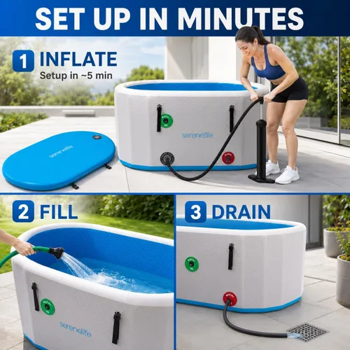 Miniatura 5 de SereneLife Bañera de inmersión fría inflable aislada – Tina de baño de hielo para una persona con tapa, cápsula de recuperación de terapia