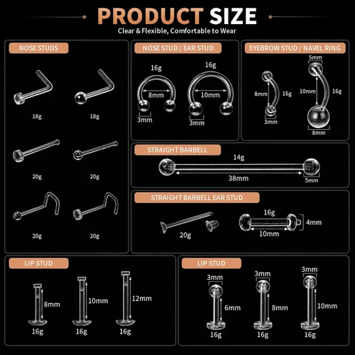 Miniatura 2 de Paquete de 76 Retenedores de Piercing Transparentes, Joyería Corporal Bioflex para Ceja, Labio, Septum, Nariz, Pezón, Ombligo, Lengua, Tragus Kit