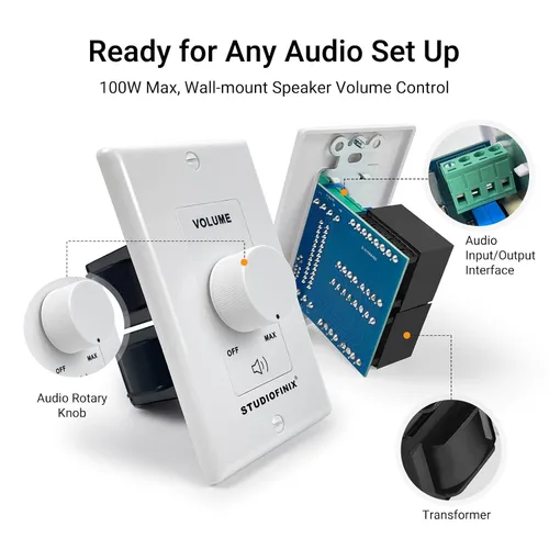Miniatura 4 de STUDIOFINIX Interruptor de control de volumen de 100W en pared con perilla de ajuste de impedancia - Interruptor controlador estéreo de altavoces