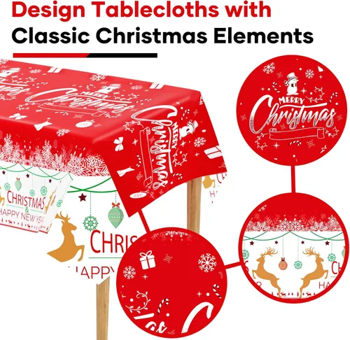 Miniatura 3 de Paquete de 3 manteles navideños desechables de plástico, manteles de mesa navideños rectangulares rojos para fiestas, con estampado de árbol