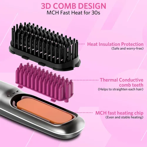 Miniatura 4 de Cepillo alisador de cabello para mujer, peine caliente 2 en 1 y cepillo alisador con 9 ajustes de temperatura, hasta 450 ℉ para cabello liso sin
