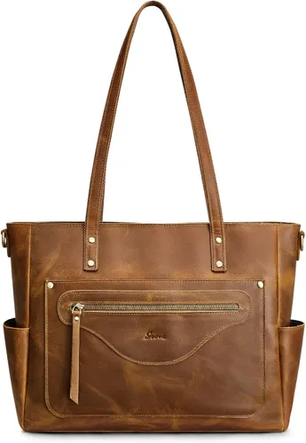 Miniatura 8 de S-ZONE Bolso de mano de cuero genuino para mujer, bolso de hombro grande, bolso de trabajo cruzado vintage