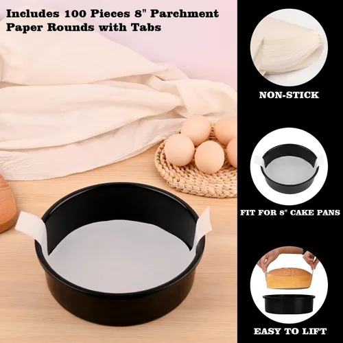 Miniatura 4 de HUAKENER Molde para pasteles de 8 pulgadas, juego de 3 moldes redondos para pasteles con 100 piezas de papel pergamino, moldes antiadherentes