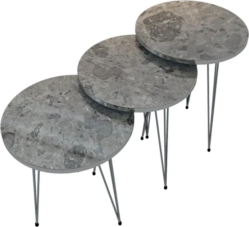 Miniatura 4 de Juego de 3 mesas auxiliares redondas apilables de madera gris brillante con patas de metal para sala de estar, oficina en casa, mesitas de noche