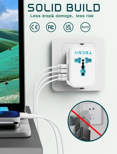 Miniatura 7 de Adaptador de viaje universal en todo el mundo, adaptador de enchufe de viaje europeo TECSIX con 2 USB C, 2 USB A y múltiples salidas de CA, Negro