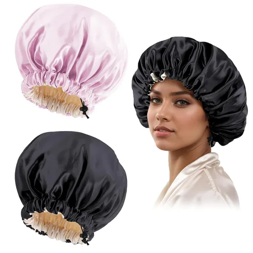 Miniatura 12 de Gorro de seda de satén para cabello rizado, gorro trenzado para dormir, para mujer, grande, doble capa ajustable (2 unidades, negro)