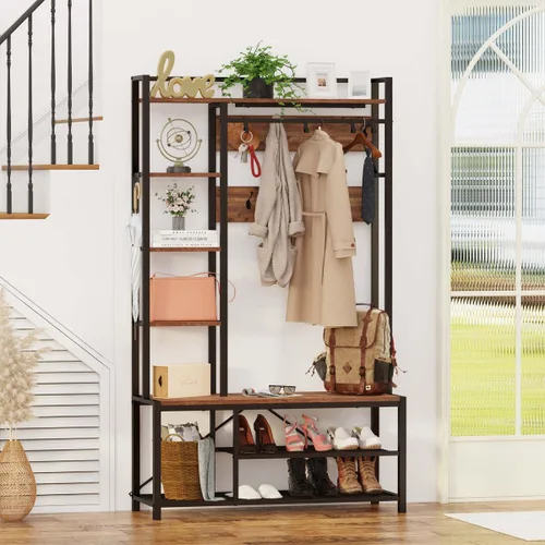 Miniatura 7 de BON AUGURE Perchero con almacenamiento de zapatos, banco de entrada reversible 5 en 1 con ganchos para abrigos para pasillo, perchero de madera