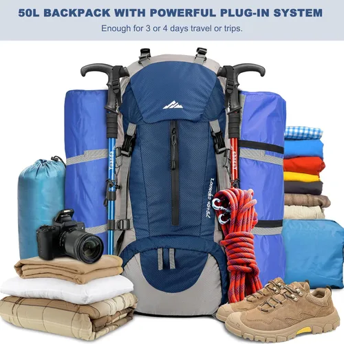 Miniatura 2 de Mochila Loowoko de 50 l para senderismo, impermeable, con cubierta para la lluvia, mochila esencial para acampar, mochila ligera de 45 + 5 litros
