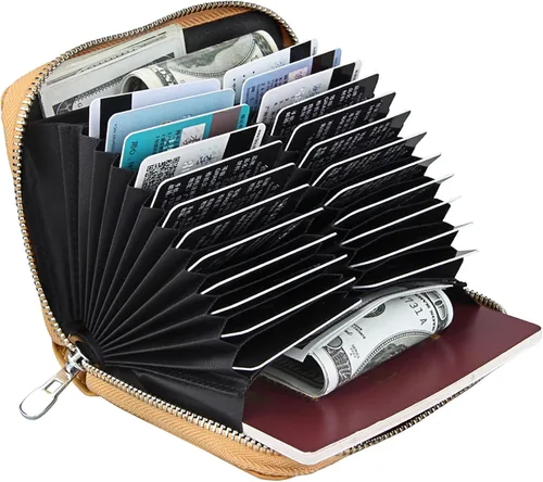 Miniatura 8 de boshiho Cartera con bloqueo RFID de 24 ranuras para tarjetas de crédito, de piel auténtica, organizador de múltiples tarjetas, con cremallera
