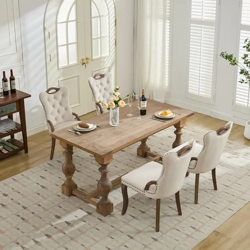 Miniatura 2 de Shenyon Juego de 4 sillas de comedor de terciopelo beige, sillas tapizadas modernas para comedor con respaldo capitoné y acentos de madera, patas