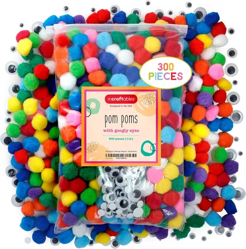 Incraftables 300 pompones con ojos saltones de algodón de 1 pulgada para manualidades, sombreros, artes y decoraciones. Juego de regalo de pompones
