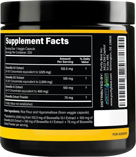 Miniatura 6 de Purity's Best BOSWELLIA SERRATA 4X + 10x + 20x Extracto, apoyo inmunológico y alivio muscular, 200 cápsulas vegetales, 100% vegano