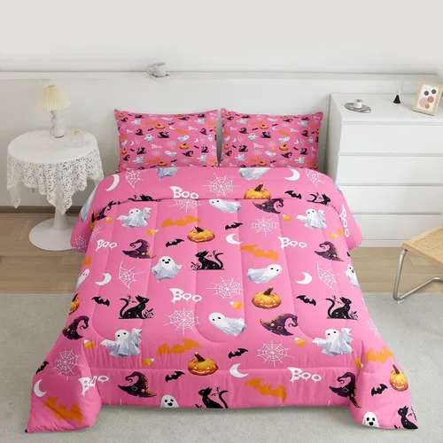 Miniatura 26 de Juego de edredón rosa con temática de Halloween, tamaño individual, edredón de farol de calabaza para adolescentes, juego de ropa de cama de Multi