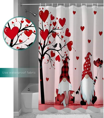 Miniatura 4 de cortina de ducha de gnomos del día de San Valentín, cortina de ducha rosa con corazones de amor para decoración de baño, juegos de cortinas de ducha