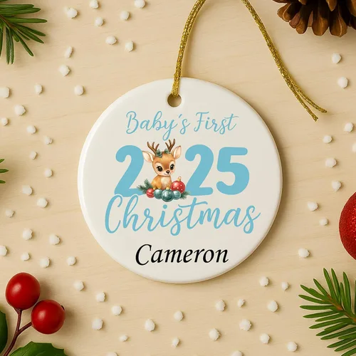 Miniatura 7 de Adorno personalizado para la primera Navidad del bebé 2025, recuerdo redondo de cerámica con nombre personalizado, decoración de árbol de Navidad