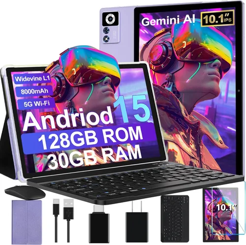 Tableta Android 15 2025 con teclado | AI Gemini, Tablets de Electrónica de 30GB+128GB de Ocho núcleos con pantalla IPS HD de 10 pulgadas, 8000mAh,