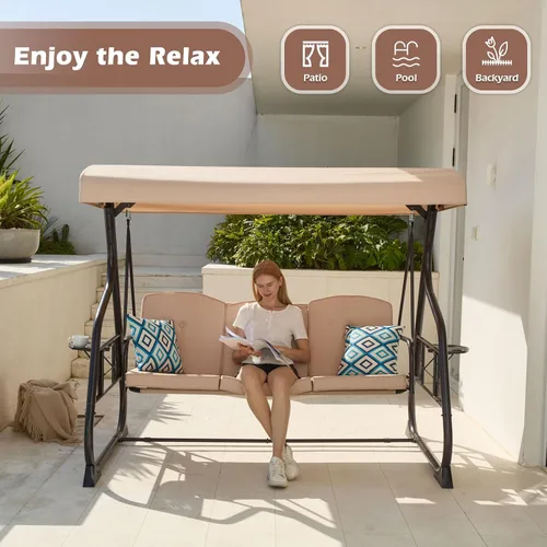 Miniatura 6 de ZZW Silla de columpio para patio de 3 asientos, 800LBS, columpio al aire libre con soporte, con dosel y respaldo ajustable, silla columpio