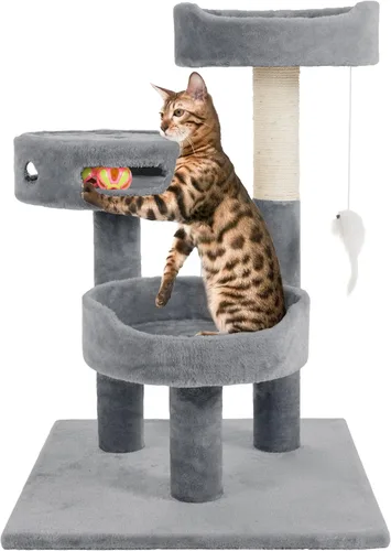 Miniatura 8 de Árbol para gatos - Condo de torre alta de 3 niveles con 2 posaderos para dormir, poste de rascador de cuerda de sisal, ratón colgante y juguete