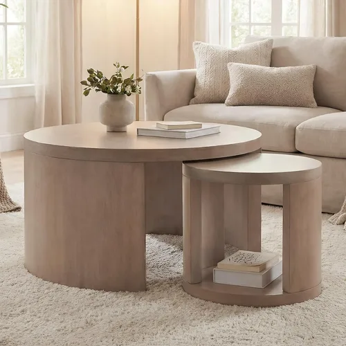 Miniatura 10 de Juego de 2 mesas auxiliares redondas, mesas auxiliares anidables con almacenamiento, juego de mesa de sala de estar, mesa central de madera moderna