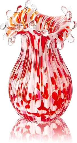 QFkris Jarrón de vidrio soplado a mano para flores, floreros de burbujas de cristal rojo de 8 pulgadas para ramo, decoración del hogar, centros de