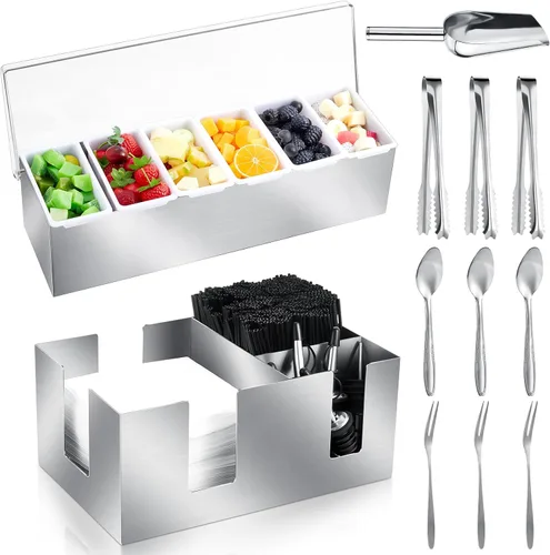 Miniatura 7 de Tessco for you Bandeja de Guarnición con Tapa Organizador de Bar Contenedor de Condimentos Refrigerado con Hielo con Cuchara para Hielo Pinzas