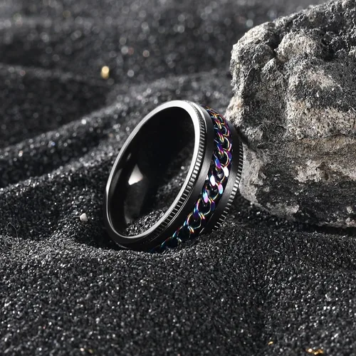 Miniatura 88 de King Will - Anillo antiestrés de acero inoxidable 316L para hombres y mujeres, con cadena decorativa giratoria, 8 mm de ancho, anillo de boda