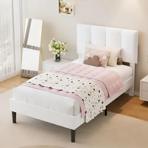 Miniatura 4 de VECELO - Base de cama tamaño individual con cabecera tapizada, plataforma con soporte de listones de madera de alta resistencia, no necesita somier