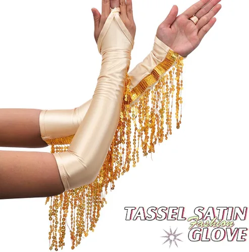 Miniatura 6 de Yikisdy Guantes de lentejuelas a la moda, guantes de satén sin dedos, guantes largos con borlas brillantes, disfraz de fiesta rave para mujeres