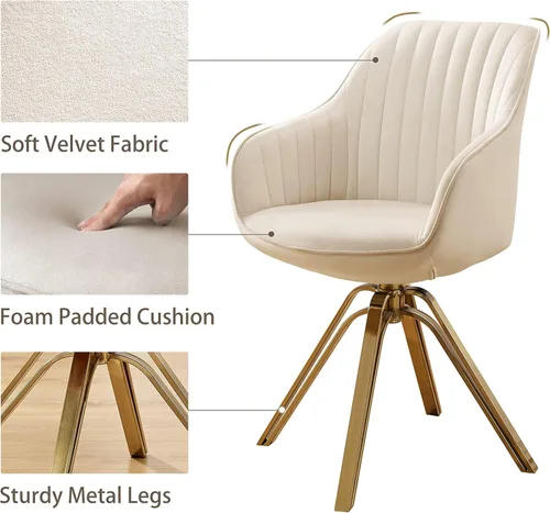 Miniatura 4 de Art Leon Silla giratoria moderna de mediados de siglo, silla de escritorio sin ruedas, sillón tapizado de tela con patas doradas, blanco roto Blanco