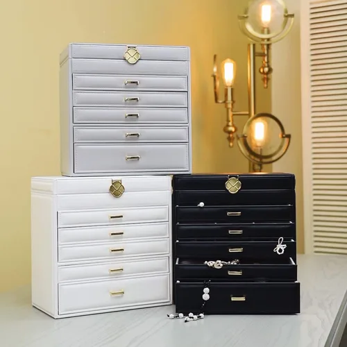 Miniatura 7 de Vlando Joyero grande de 6 niveles para mujer, organizador de joyas grande con espejo, organizador de joyas para cajón, collar, anillo, pulsera