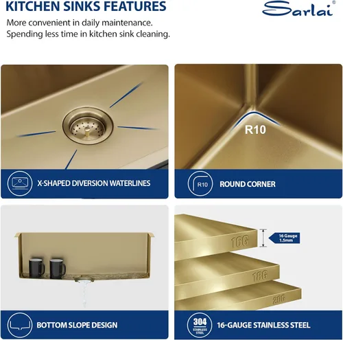 Miniatura 5 de Sarlai Gold Fregadero de Cocina Empotrado - Fregadero de Cocina de 28 Pulgadas Empotrado de Acero Inoxidable Dorado Tazón Individual de 28" x 19