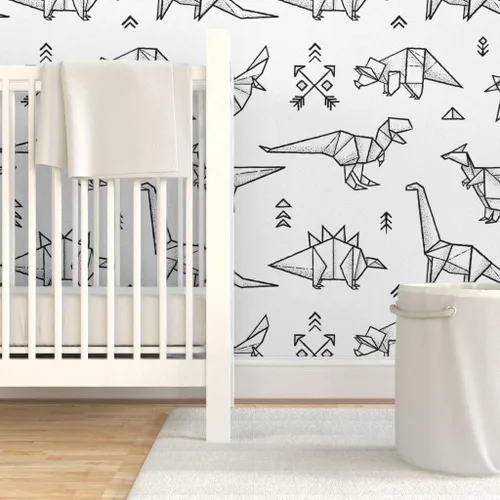 Miniatura 6 de Papel tapiz para despegar y pegar, diseño de dinosaurios de origami, negro, blanco, geométrico, monocromático, extraíble, personalizado Spoonflower