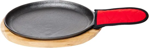 Old Mountain Juego de platos de fajita de hierro fundido pre-sazonado, 12.25 pulgadas de largo x 6.25 pulgadas de ancho, base de madera y guante de