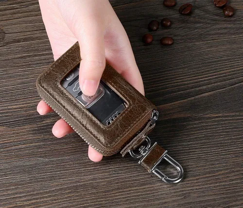 Miniatura 5 de BAKUN Mini funda de cuero premium para llaves de coche, llavero inteligente para coche, cartera con cremallera para llavero remoto