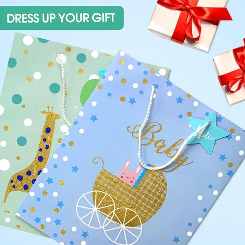 Miniatura 4 de Bolsa de regalo para bebé, bolsas de regalo grandes de 12.6 pulgadas con papel de seda, bolsa de regalo para baby shower con diseño de lámina Azul