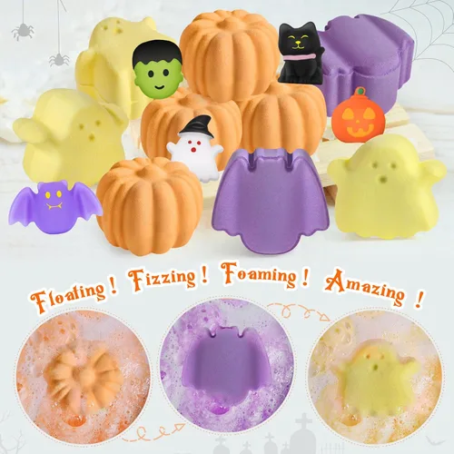 Miniatura 5 de Paquete de 9 bombas de baño de Halloween para niños, bombas de baño de burbujas de Halloween con juguete sorpresa en el interior, bolsas de regalo
