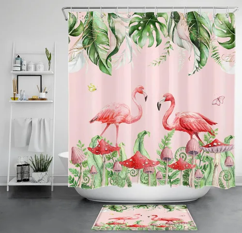 Miniatura 13 de Juego de cortinas de ducha de flamenco rosa, hoja verde salvia con hongo rojo, cortina de ducha para baño, cortina de ducha tropical de hoja