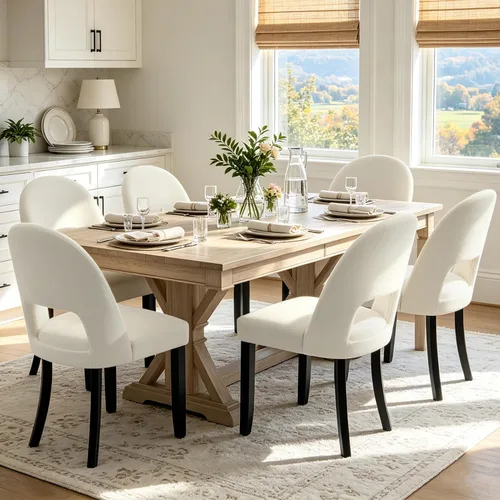Miniatura 17 de Juego de 2 sillas de comedor de madera, modernas sillas de comedor tapizadas para cocina con tela de lino y respaldo abierto, patas de madera