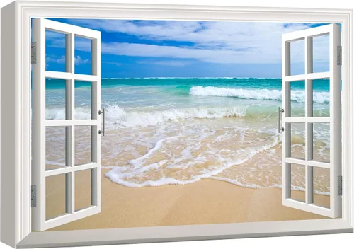 Miniatura 26 de wall26 - Cuadro en lienzo para pared, vista de ventana, atardecer neón, cielo, palmera tropical, playa, naturaleza, desierto, fotografía, realismo