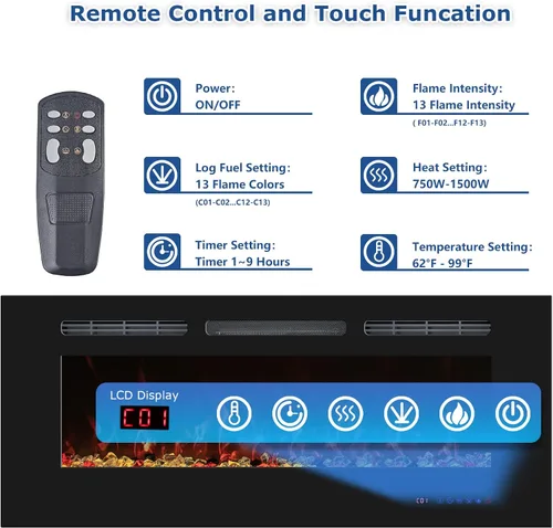 Miniatura 4 de Chimenea eléctrica de 36 pulgadas, inserto de chimenea eléctrica empotrable montado en la pared, calentador de chimenea con temporizador, control