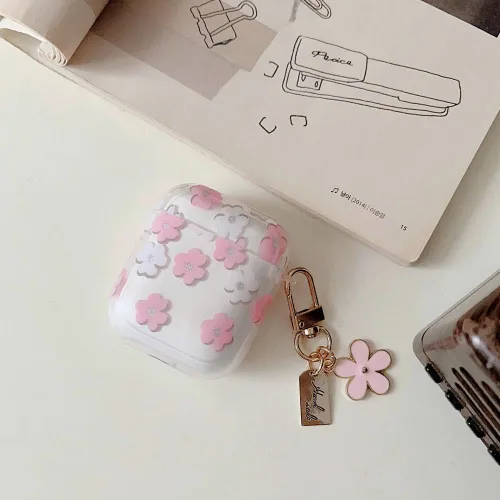 Miniatura 3 de MINSCOSE Funda transparente compatible con AirPods 1/2, bonito diseño de patrón de flores de dibujos animados con llavero floral, funda protectora